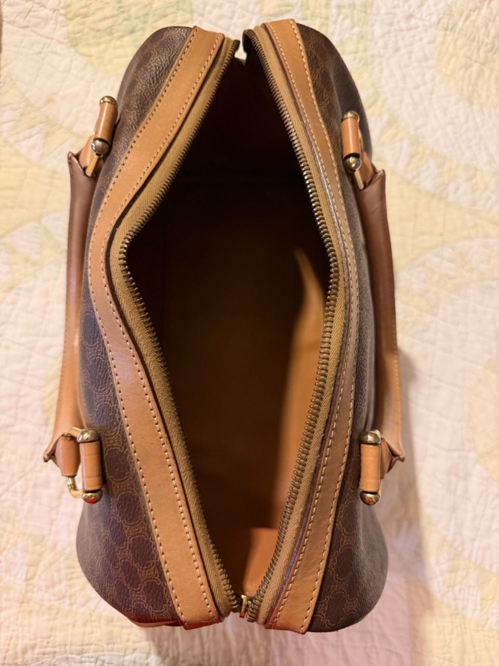 Vintage CELINE Brown Canvas Macadam Leather Boston Tote Bag Made in Italy - Picture 9 of 16